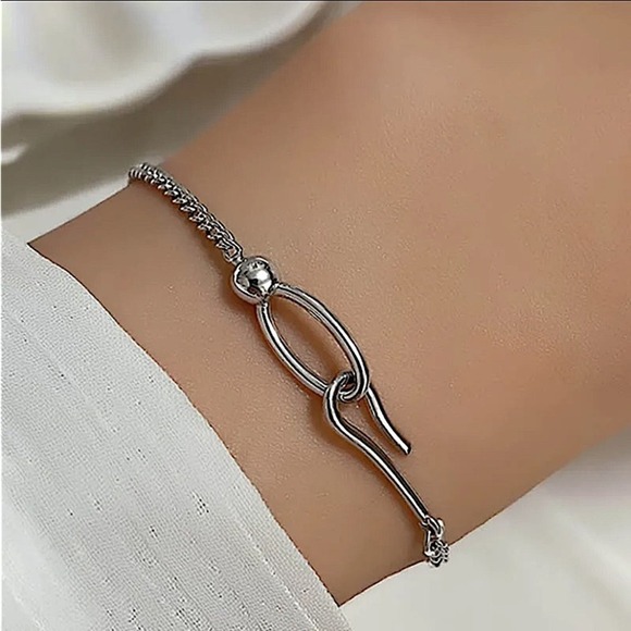 Sterling Silver Minimalist Bracelet, Irregular, Geometric, Dainty, Trendy - Picture 2 of 5